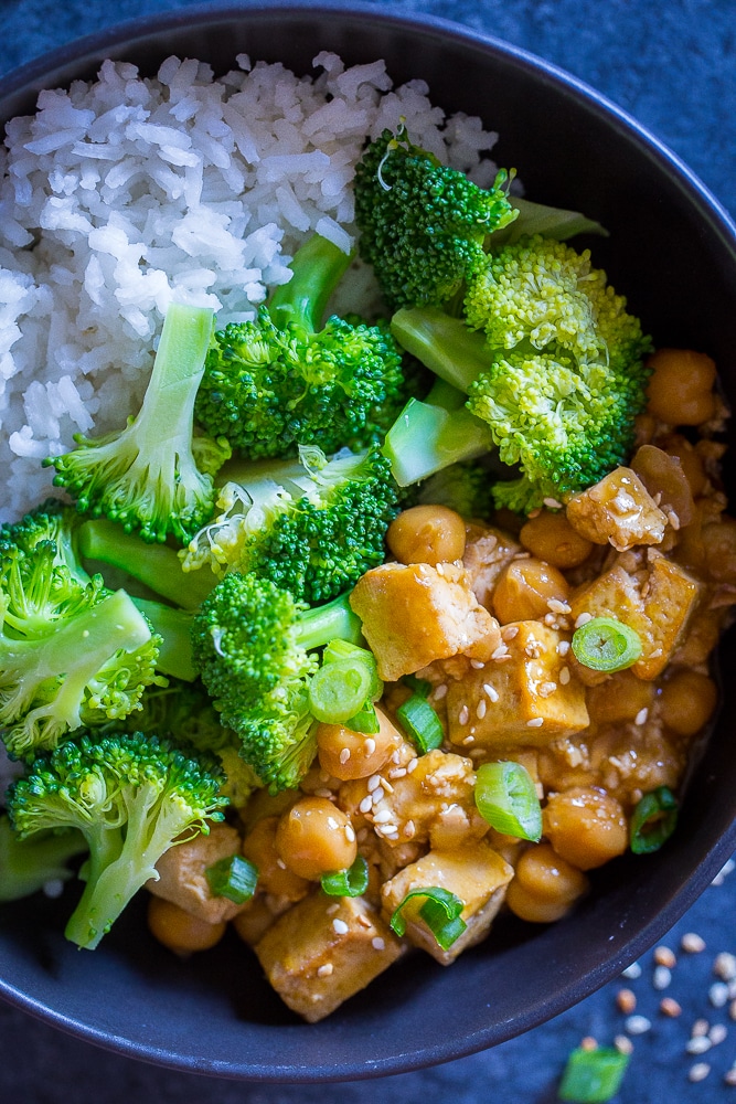 Close up of Orange Tofu Chickpea Bowls