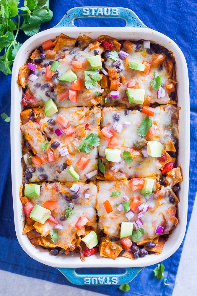 A pan of Black Bean Enchilada Casserole with Butternut Squash