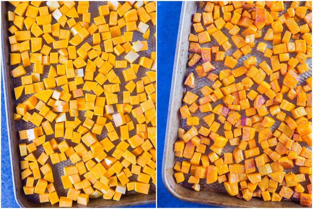 How to Roast Butternut Squash - side by side photos of before and after roasted