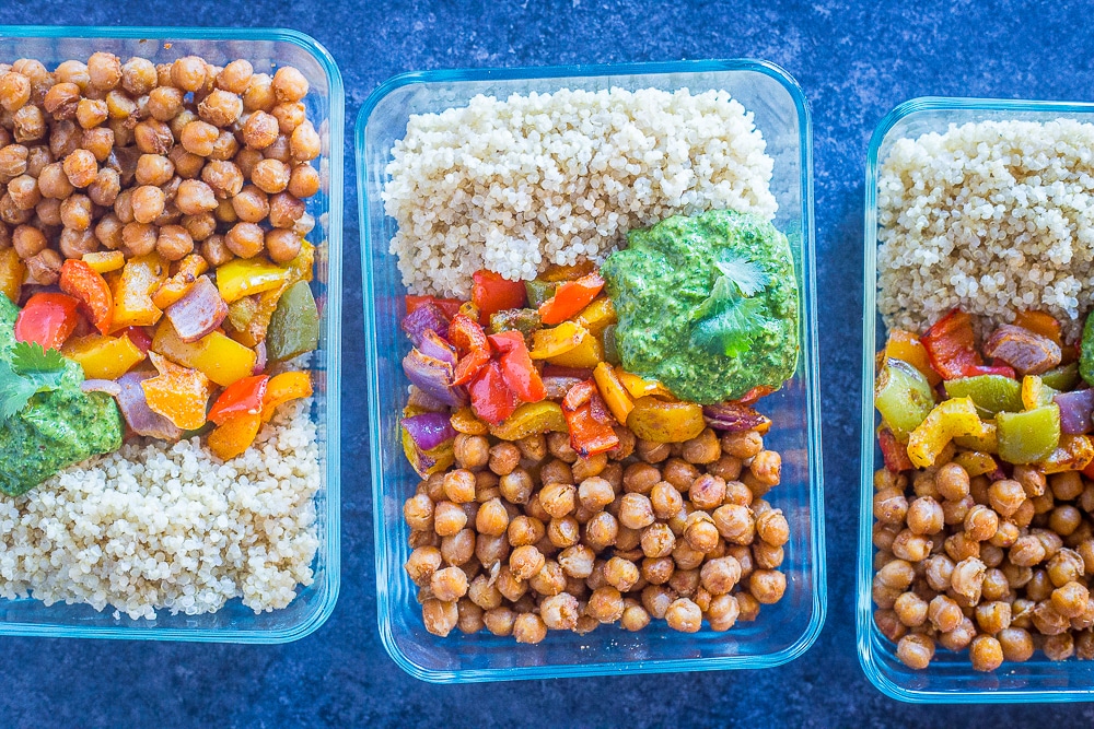Chickpea Fajita Meal Prep Bowls lined up together