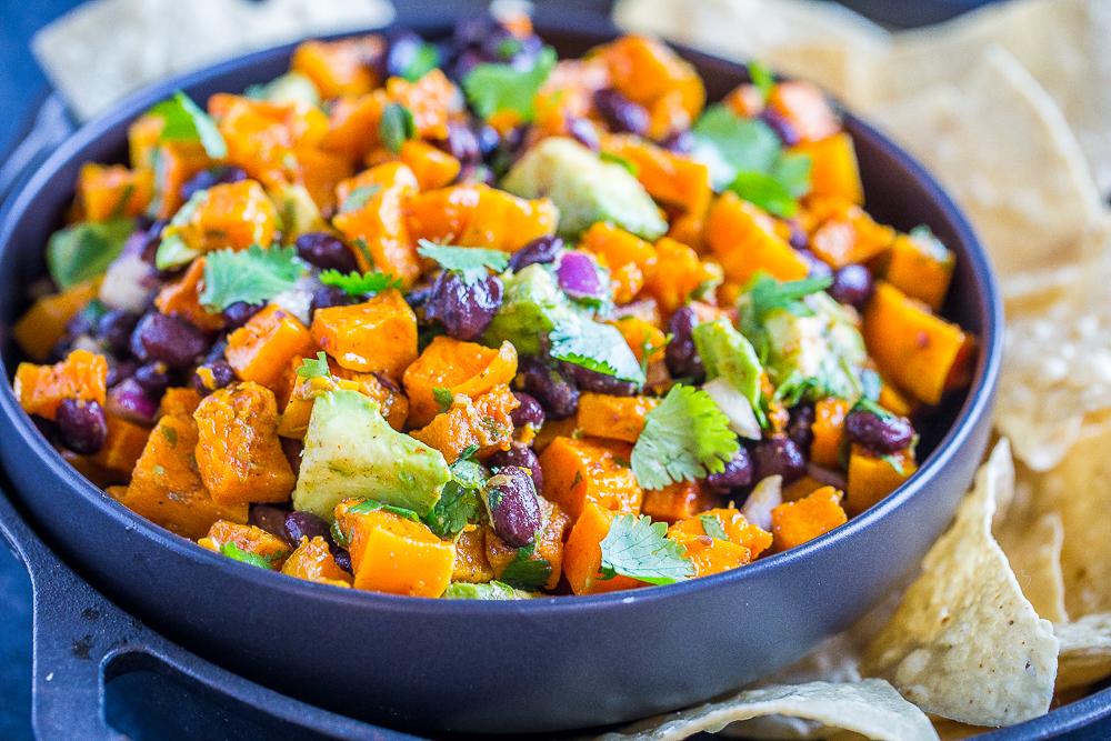 Close up of a bowl of Roasted Butternut Squash Salad with Black Beans