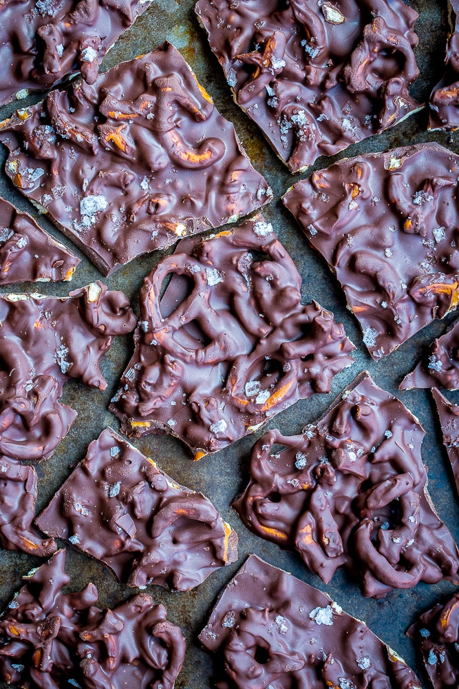 Flatylay view of 2 Ingredient Chocolate Pretzel Bark