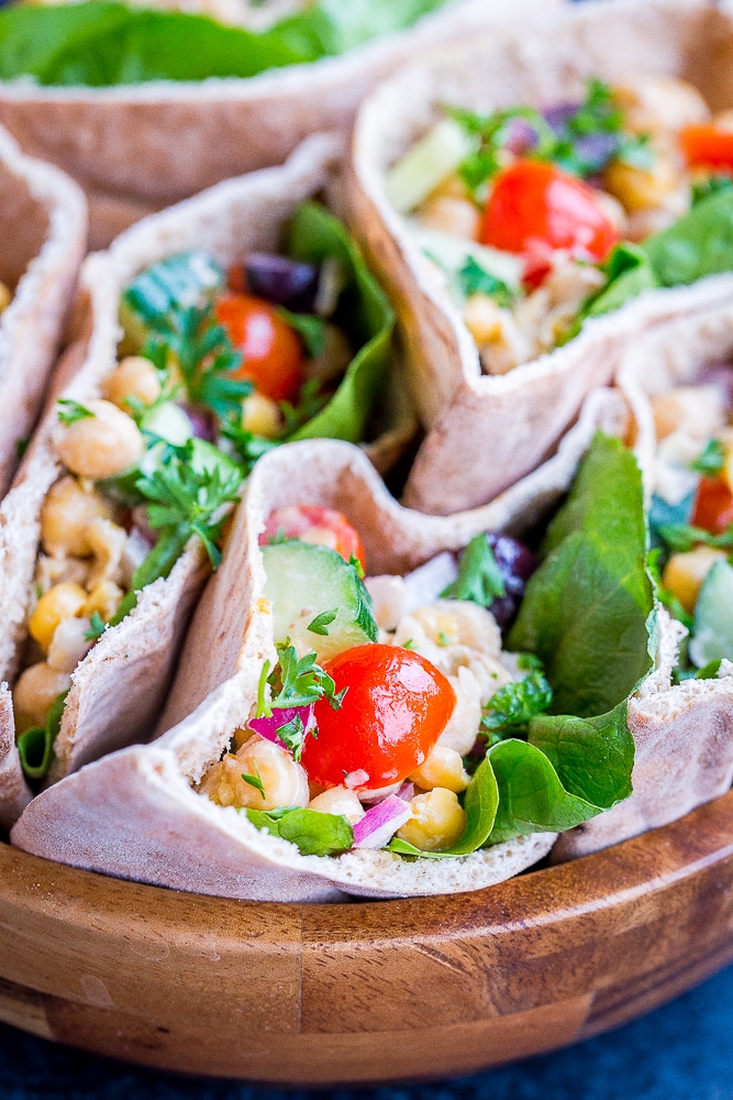 Close up view of Greek Chickpea Salad Pitas