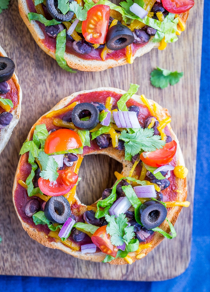 Taco Pizza Bagels on a cutting board
