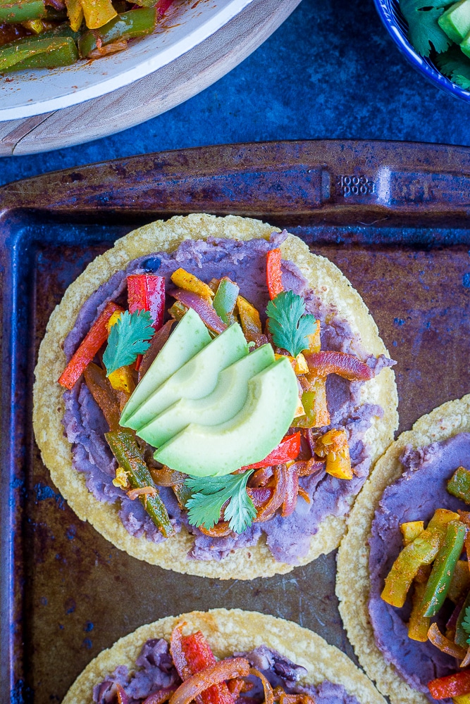 Fajita Tostadas on a sheet pan