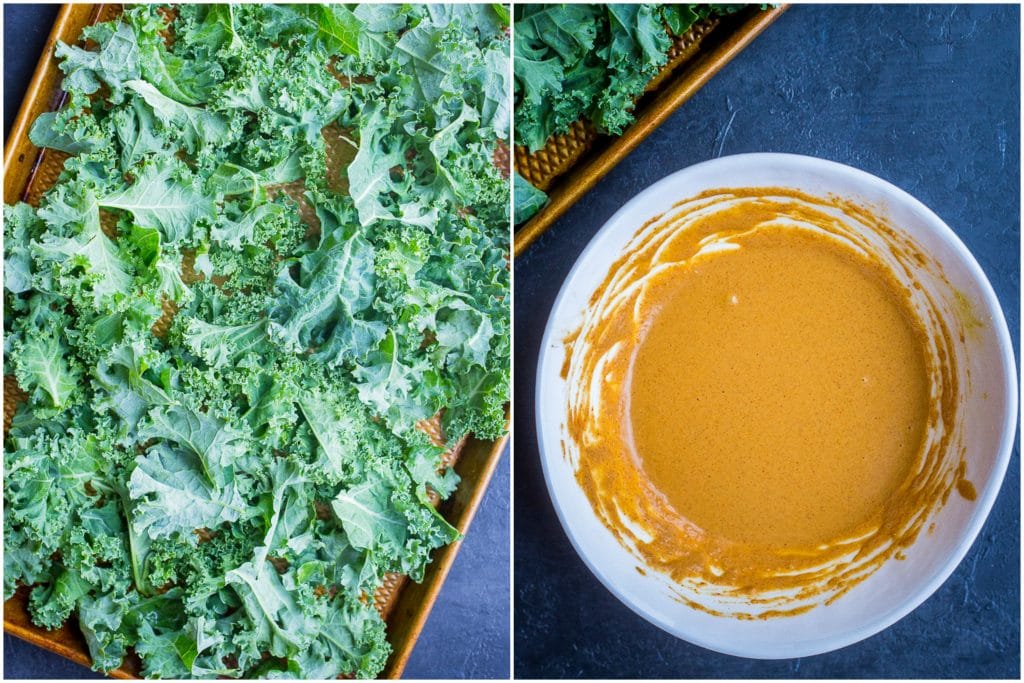 Kale and sauce for the best kale chips recipe