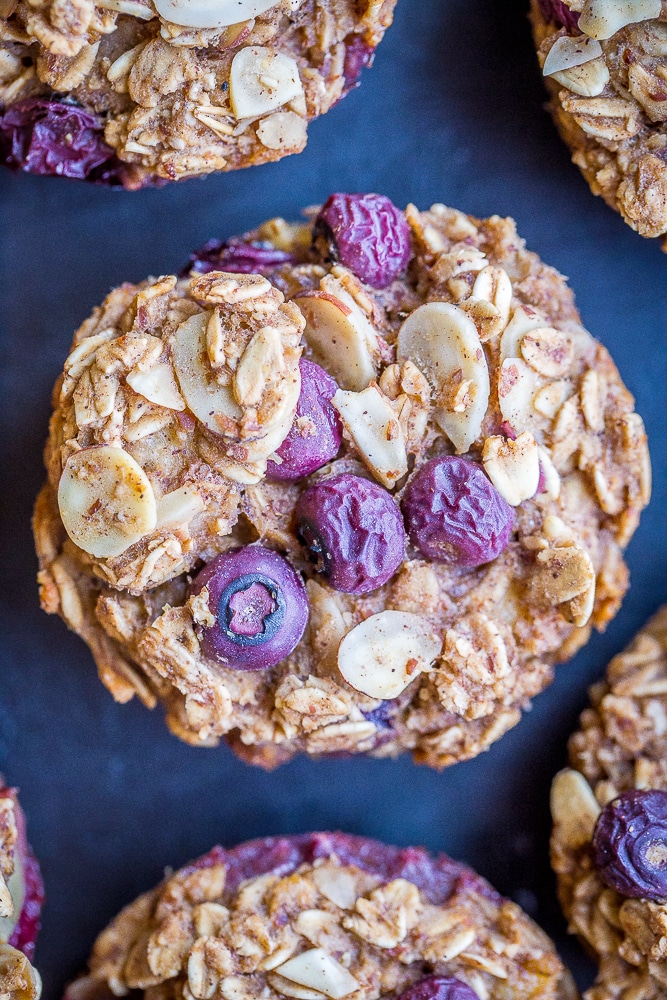 Close up of blueberry banana baked oatmeal cups