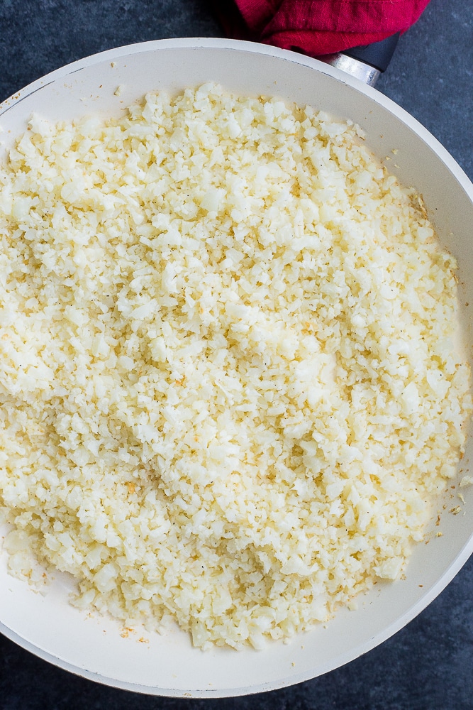Large pan of cauliflower rice