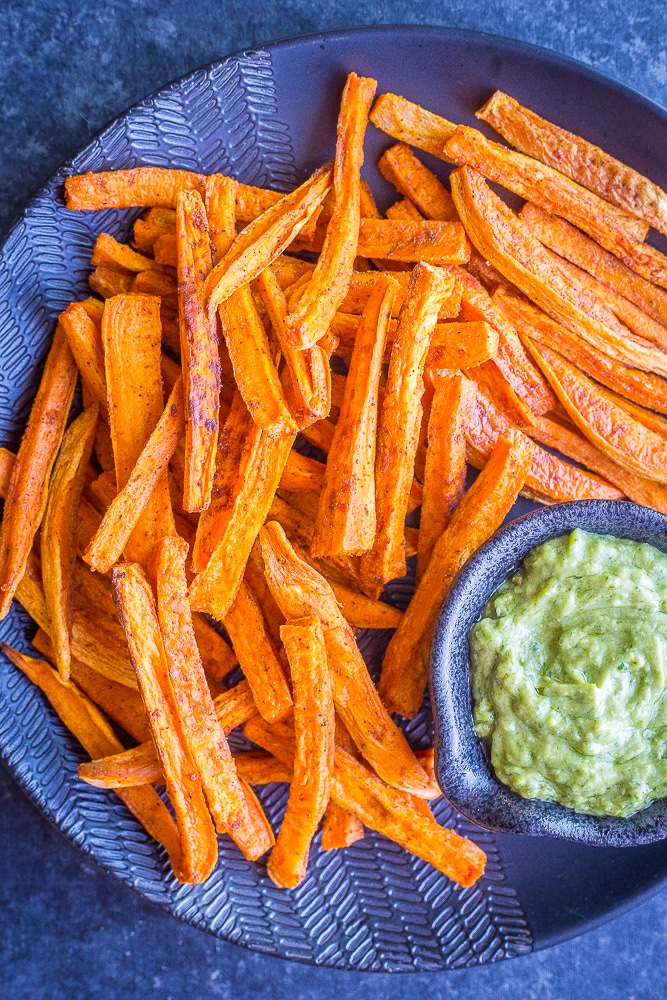 A big plate of baked sweet potato fries