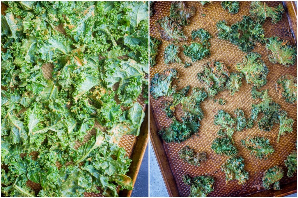 Before and after recipe photos for the best kale chips