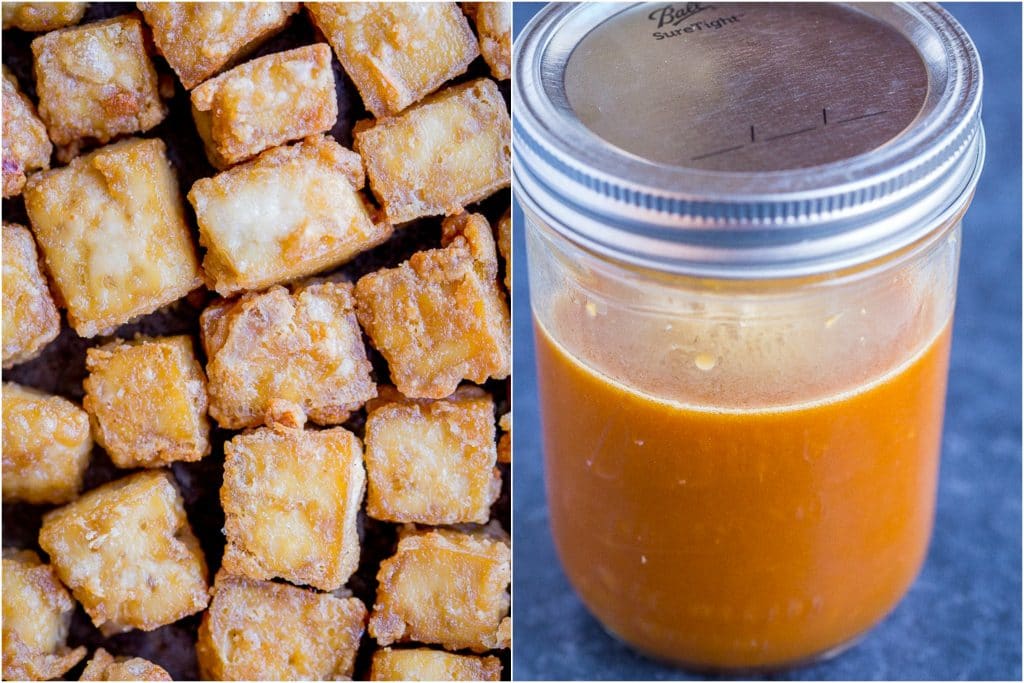 crispy tofu and orange sauce side by side for vegan orange tofu recipe