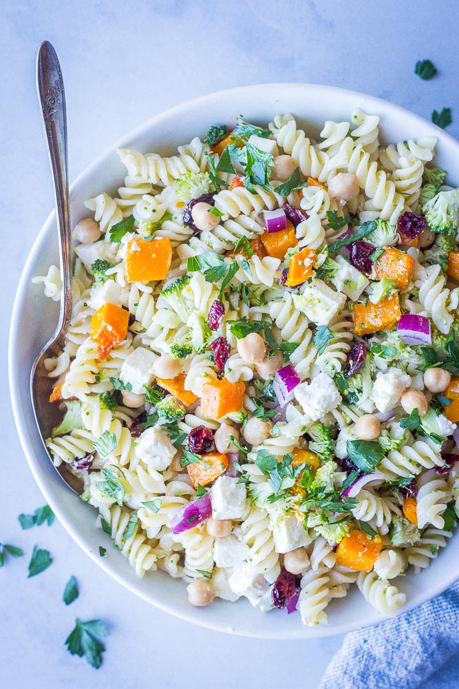 Close up of fall pasta salad recipe