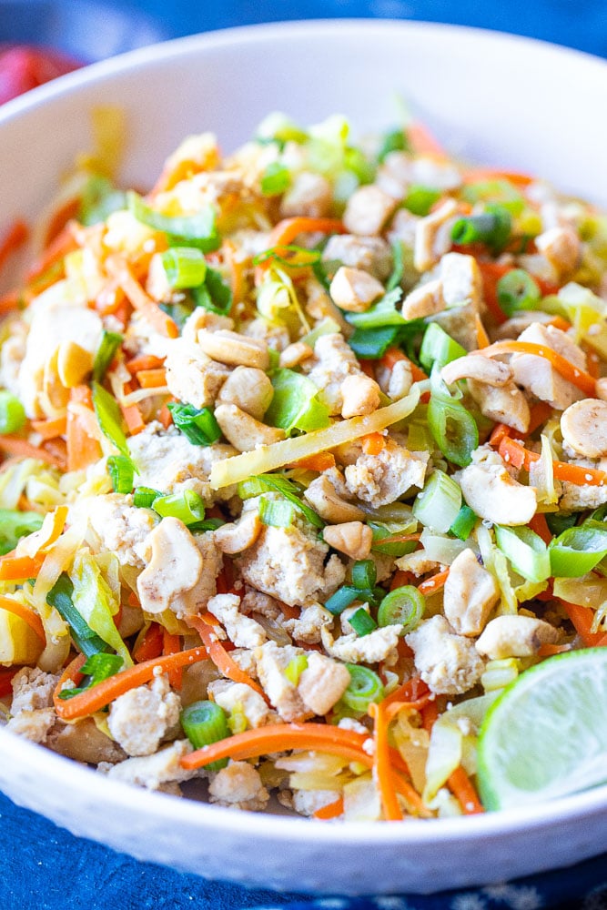 Close up photo of vegetarian egg roll in a bowl