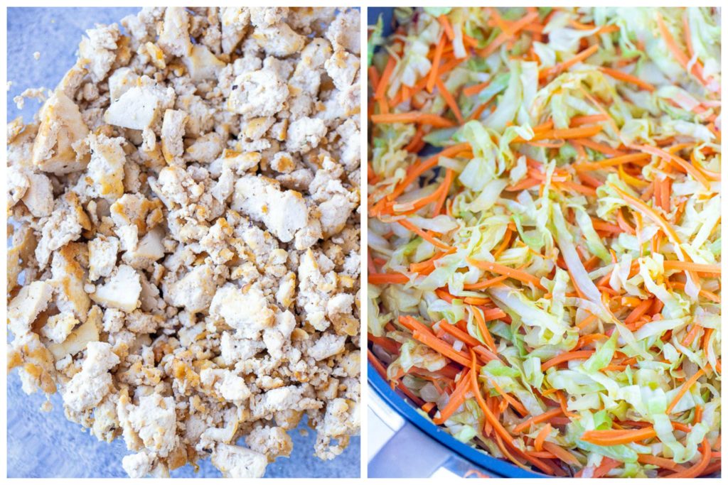 left photo is seasoned tofu and right photo is cabbage and carrots for vegetarian egg roll in a bowl recipe