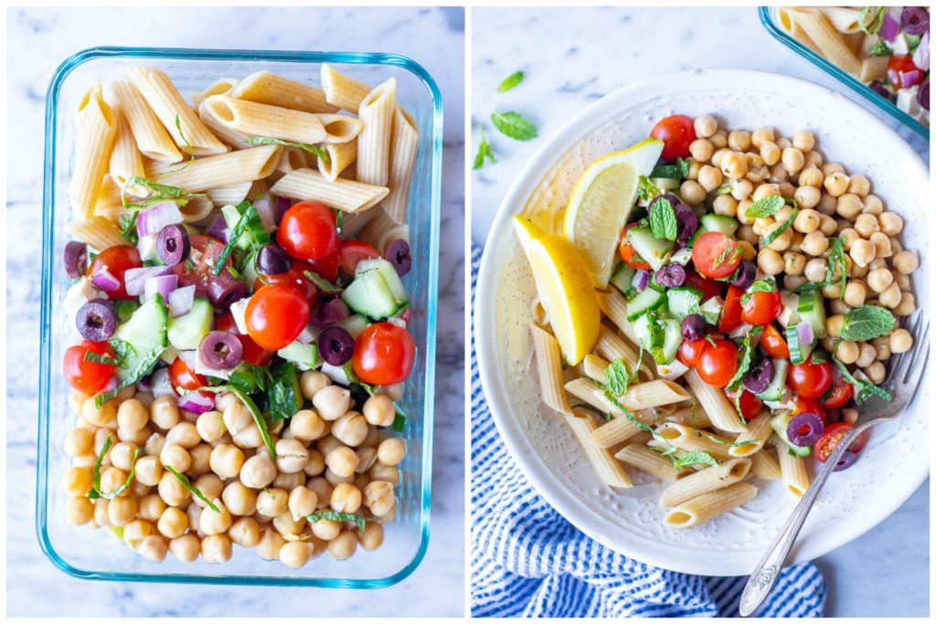 Side by side photos showing Mediterranean Pasta Salad as a meal prep bowl or as a dinner