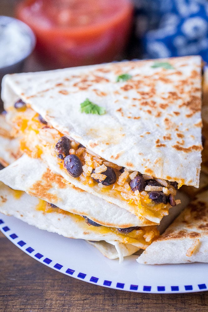 Close up of rice and bean quesadillas