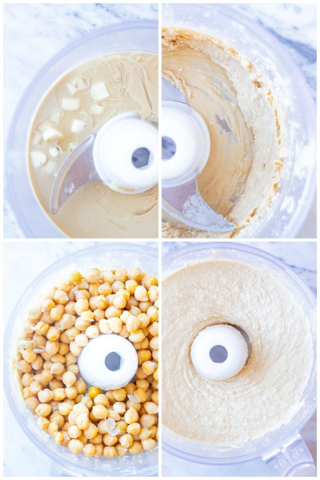 Photos showing how to make creamy hummus in a food processor