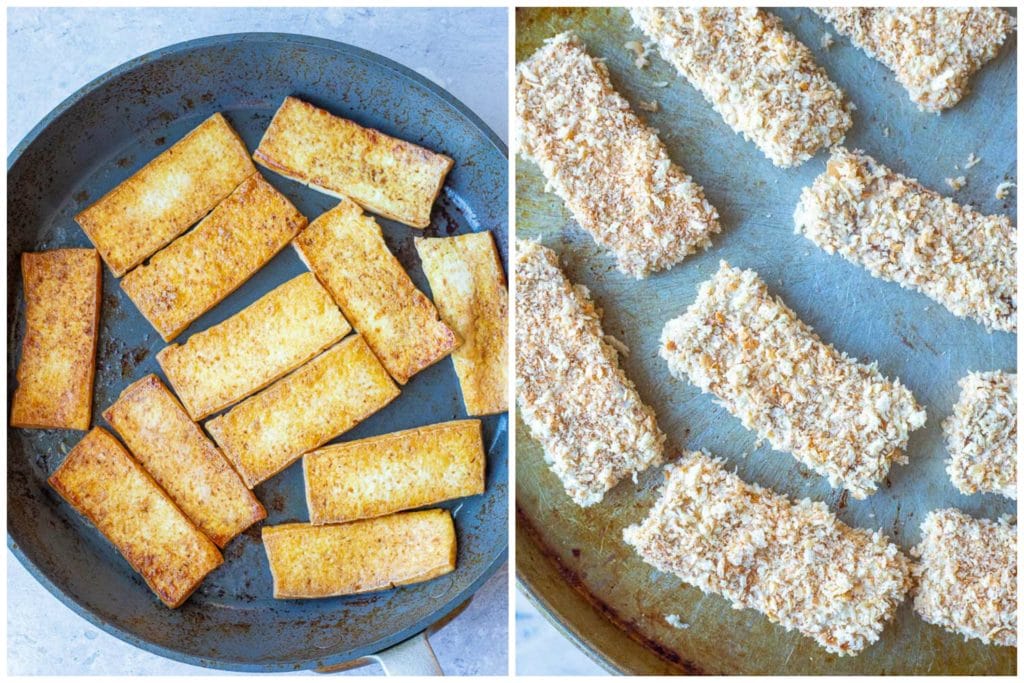 showing how to make these crispy tofu sandwiches in a pan