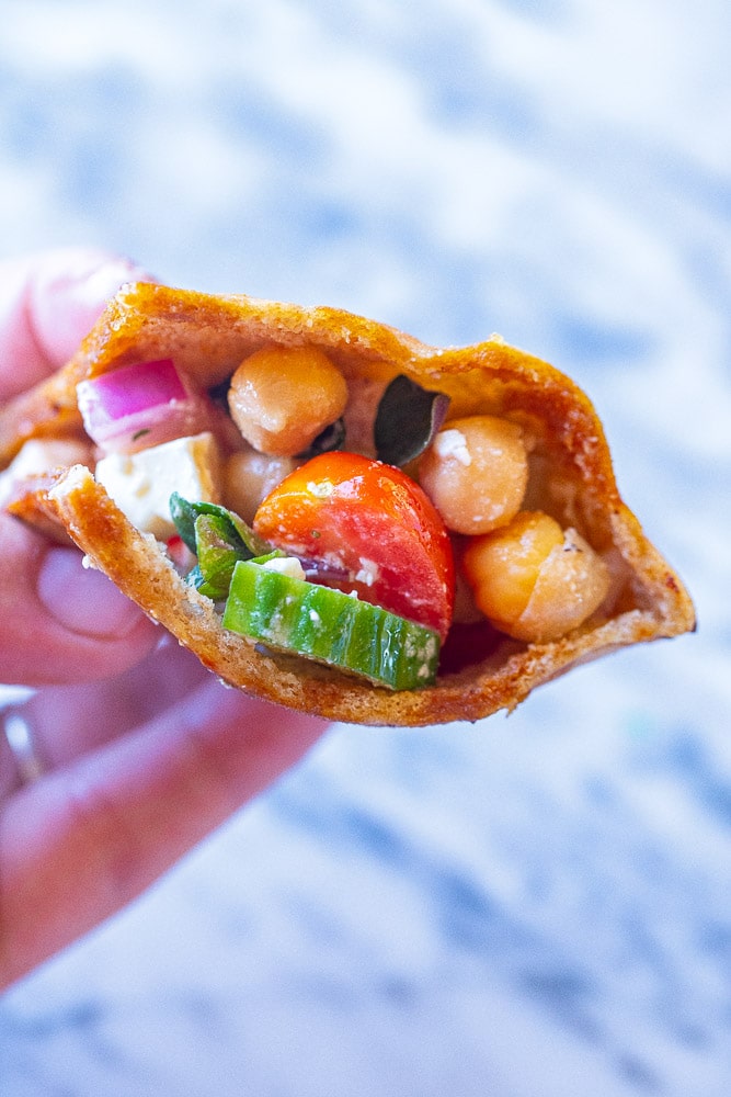 Easy Chickpea Salad stuffed into a pita