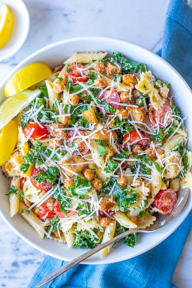 Kale Caesar Pasta Salad in a bowl