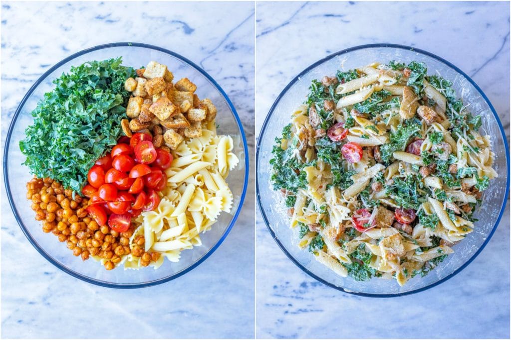 showing how to make caesar pasta salad