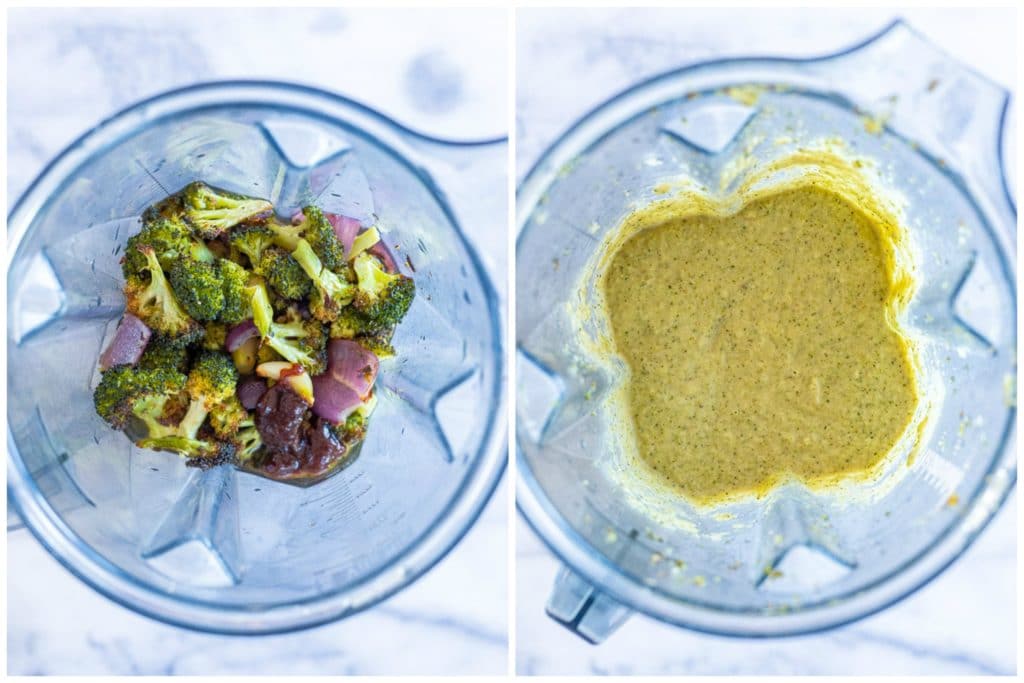 broccoli soup being blended up in a blender