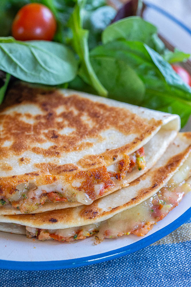 close up of a sun-dried tomato quesadilla