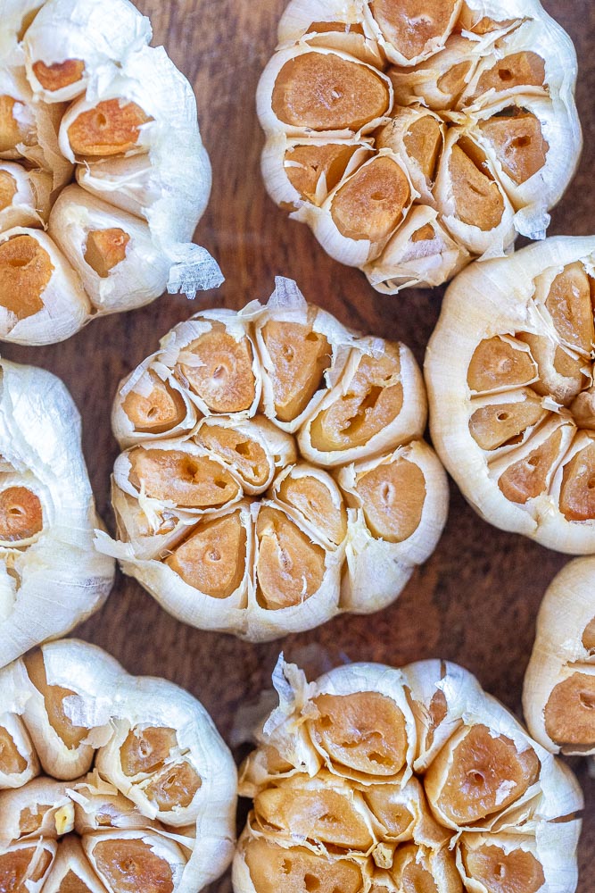 close up of roasted garlic bulbs