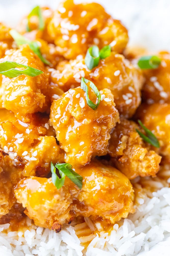 Close up of vegan orange chicken