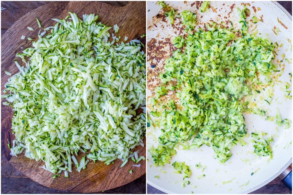 Grated zucchini before and after it's been cooked