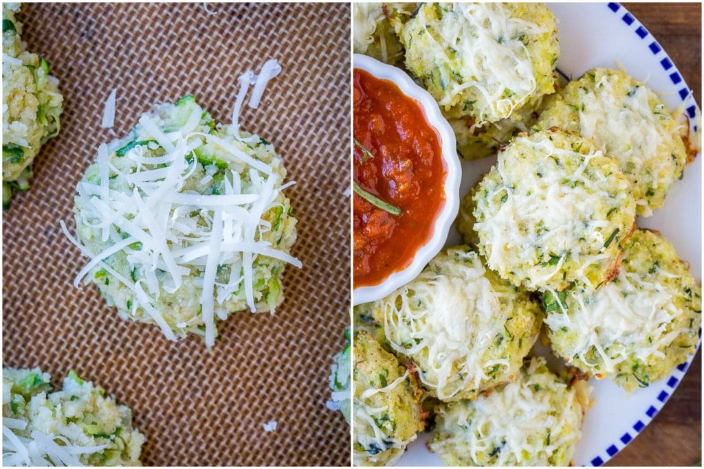 easy zucchini pizza bites before and after being baked