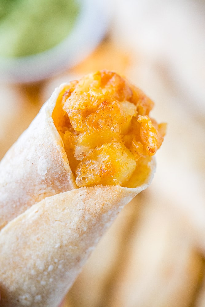 close up of a cheesy potato taquito
