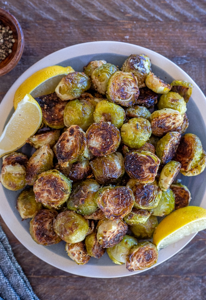 plate of lemon pepper Roasted Brussels sprouts