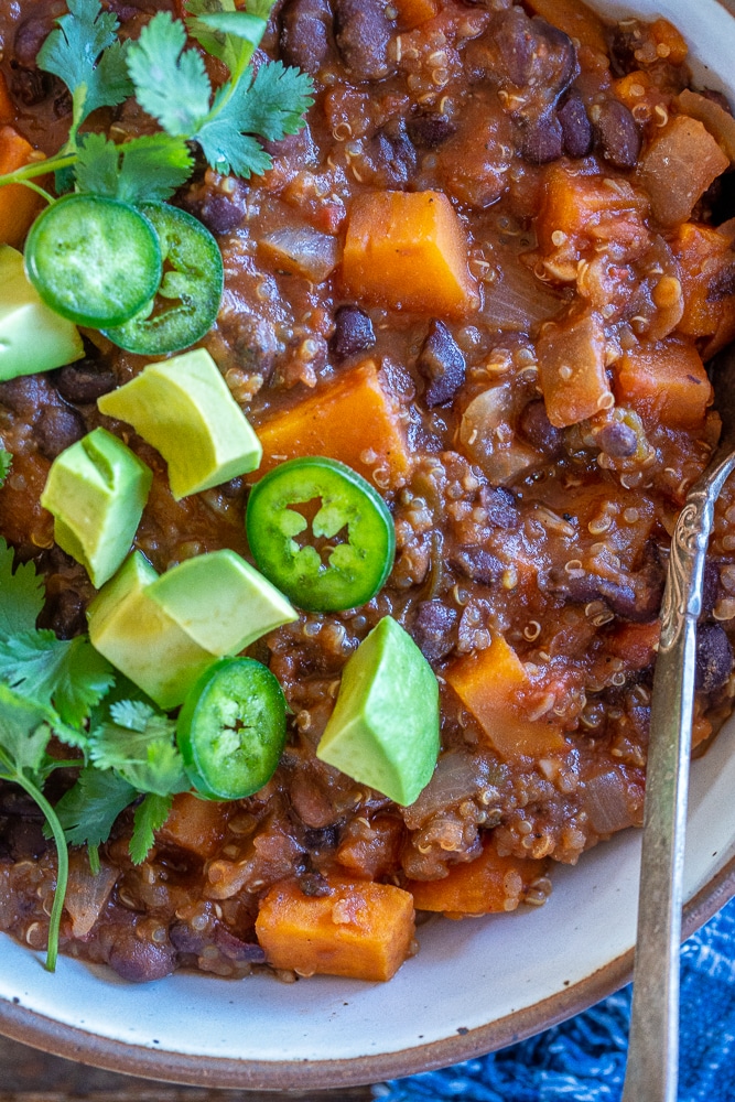 close up of vegan chili with sweet potato