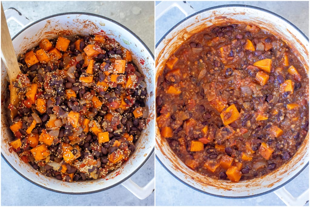 showing how to make sweet potato and quinoa chili before and after it's done cooking