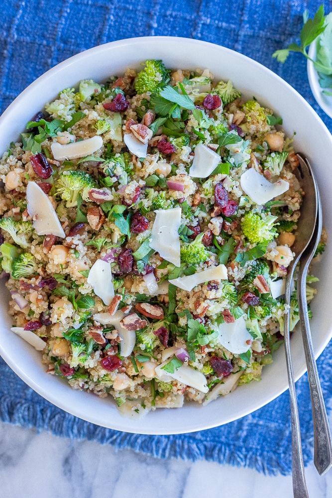 big bowl of quinoa salad with broccoli and chickpeas