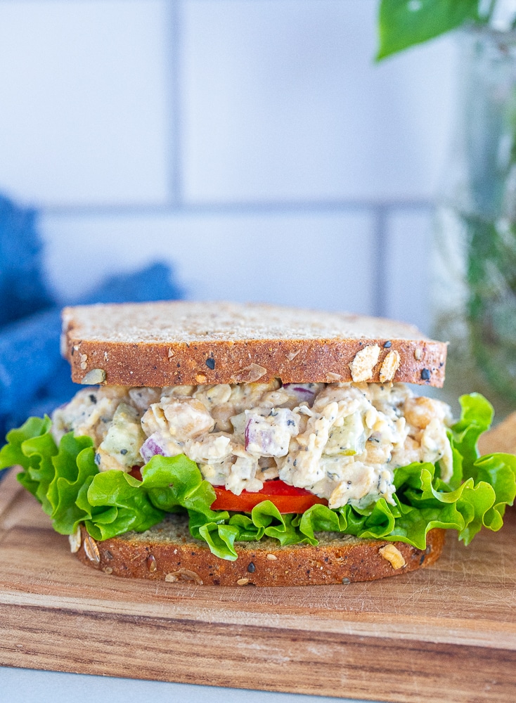 vegan tuna salad sandwich on a cutting board