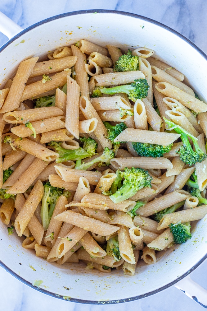 big pot of lemon broccoli pasta