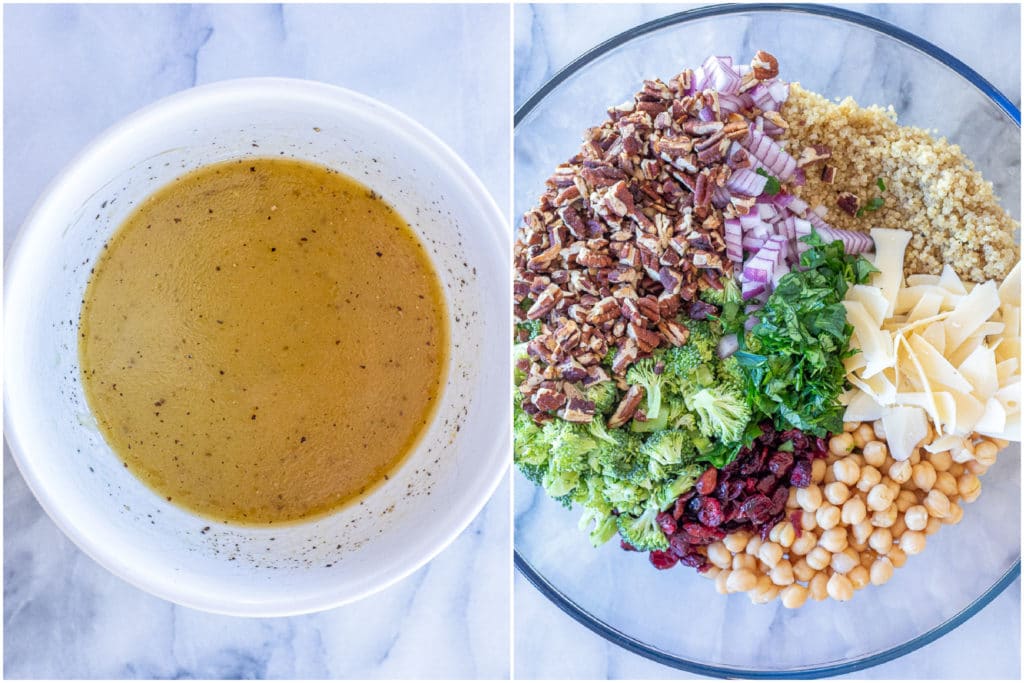easy homemade lemon dressing ready to pour on the quinoa salad with all the ingredients