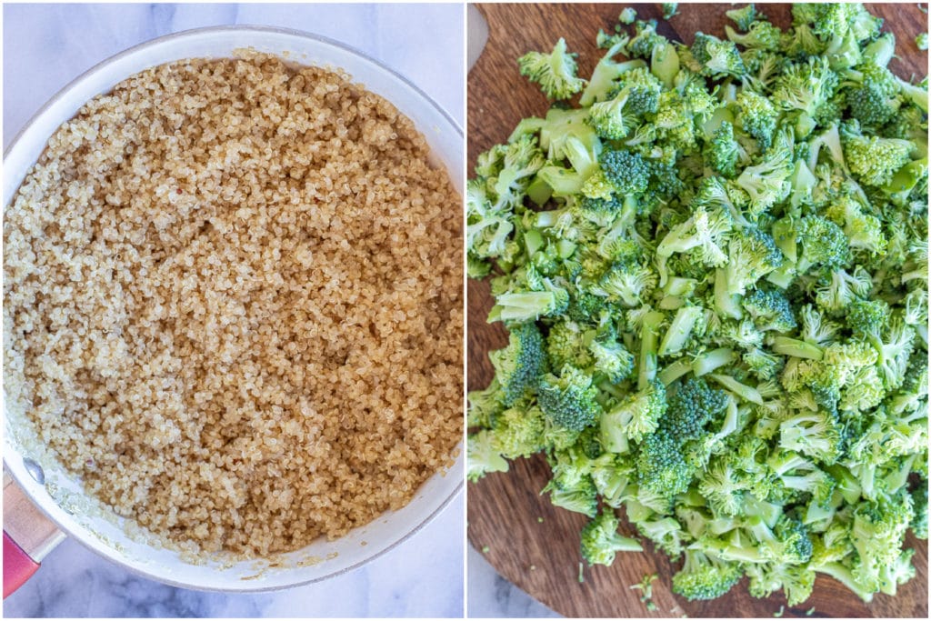 a pot of cooked quinoa and a cutting board with chopped raw broccoli for the quinoa salad