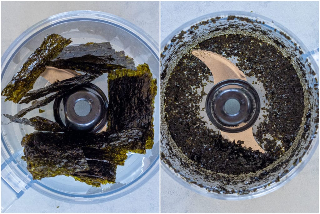 nori paper in a food processor blended up to make nori flakes