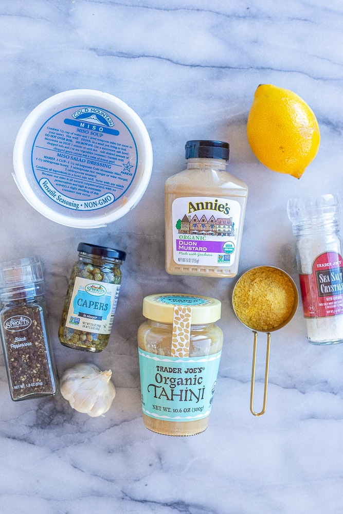 all ingredients needed to make vegan Caesar salad dressing