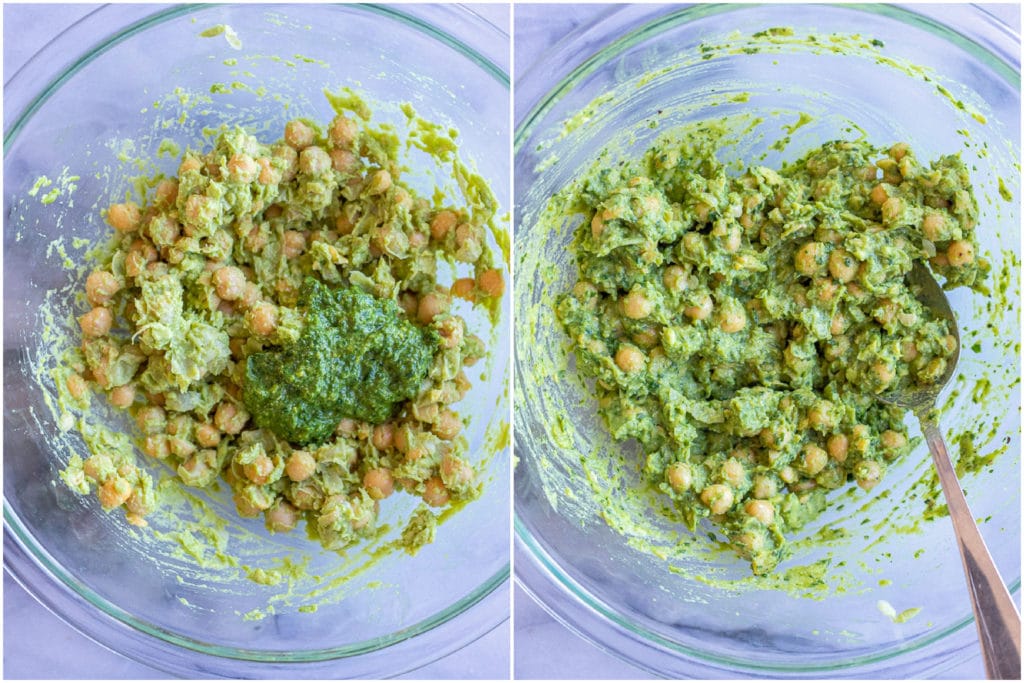 avocado pesto chickpea salad mixed up in a bowl