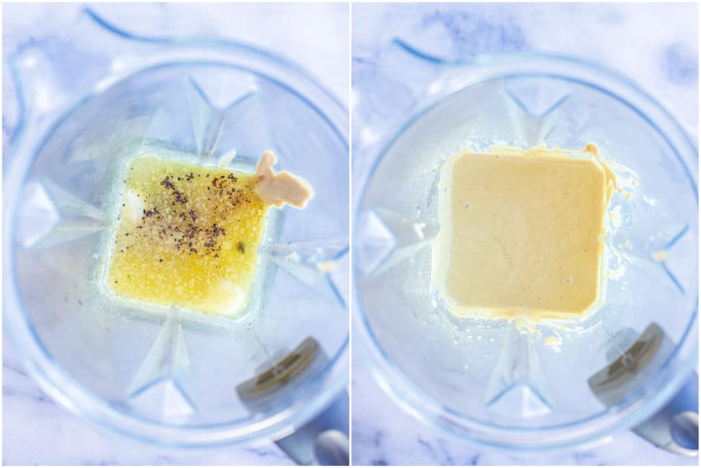 showing how to make vegan caesar dressing in a blender