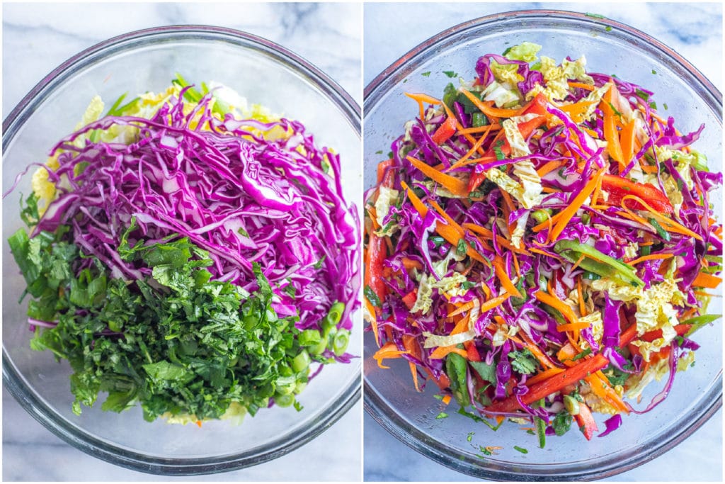 all the sliced veggies in a bowl mixed up