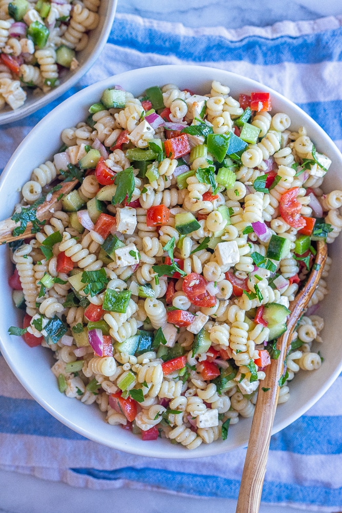 large bowl of vegetarian pasta salad