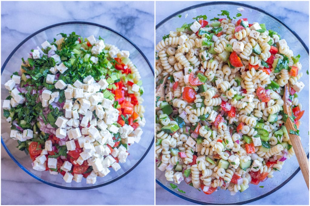 showing how to make this easy pasta salad recipe by adding all the ingredients to a bowl and then mixing up