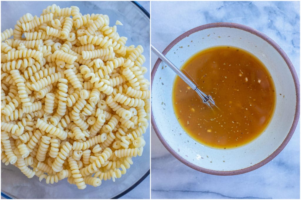 cooked pasta in a bowl and red wine vinegar dressing for the pasta salad