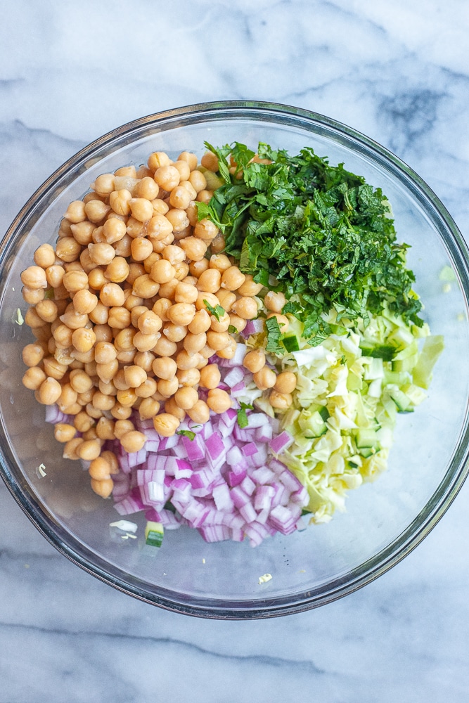 chickpea salad ingredients in a bowl