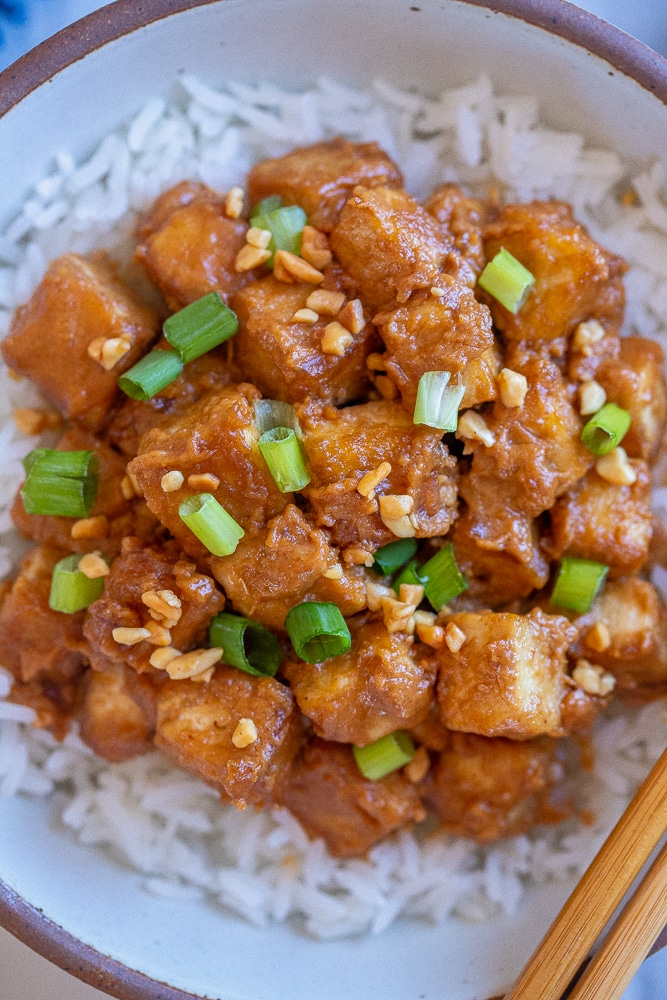 close up of a bowl of peanut butter tofu